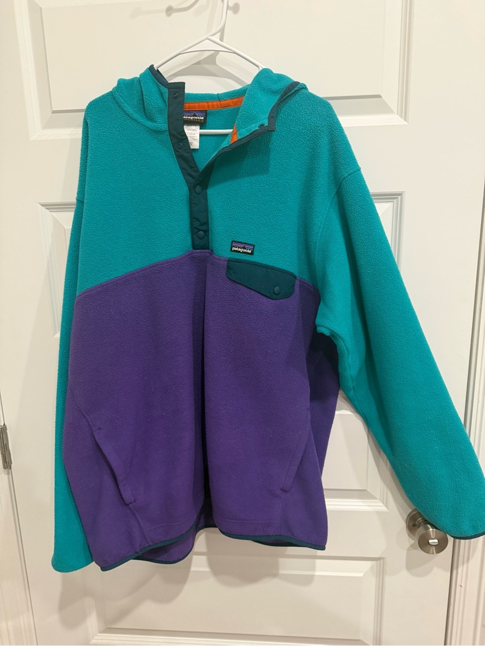 Patagonia men’s Teal and Purple Hooded Snap Pullover